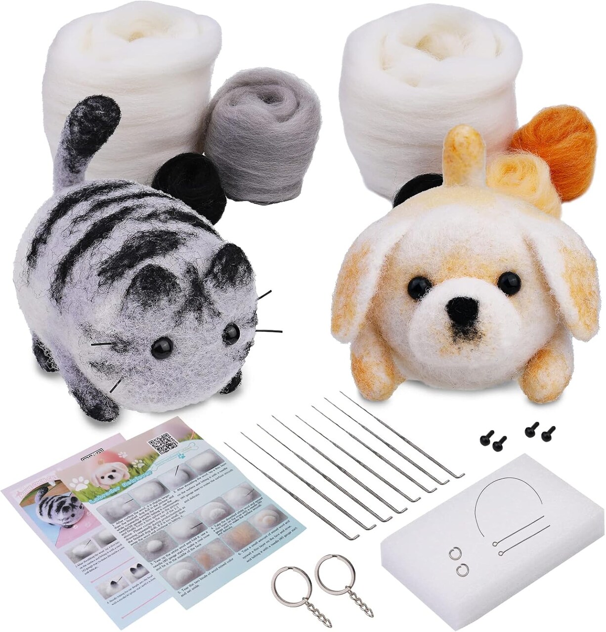 Needle Felting Kit, 2 PCS Animals Needle Felting Set with Instructions, Needle Felting Pad, Felting Wool, Felting Needles, Keychain and Split Ring